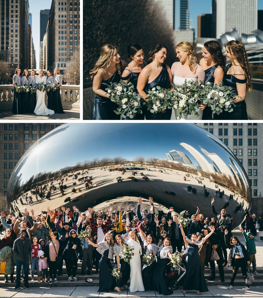 winter wedding photo of wedding party and all guests at the harold washington library bean in chicago!