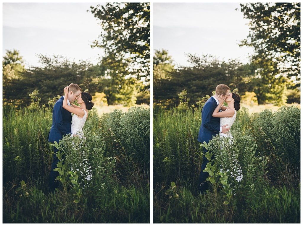 A bride and groom hold each other in a beautiful field at a secret Chicago photo spot with Ed and Aileen Photography. 