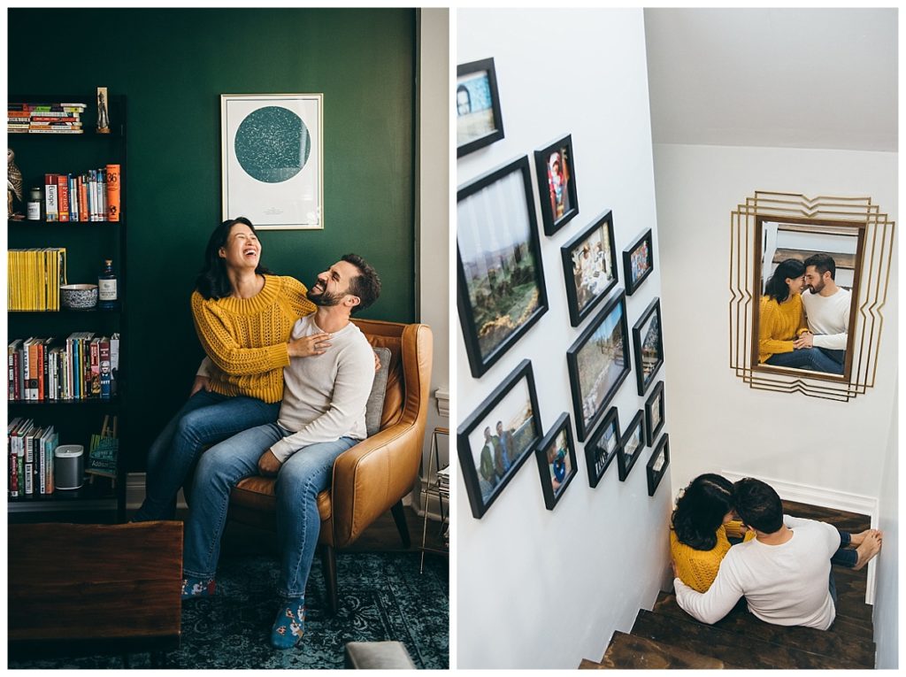 A couple sits and laughs together during an at-home engagement session in Chicago. 